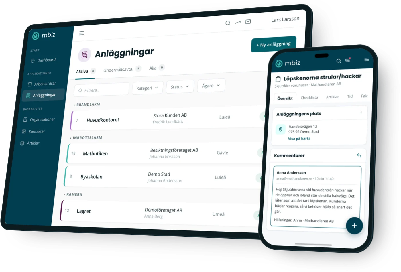 mbiz på dator och mobil: anläggningsregister och en arbetsorder