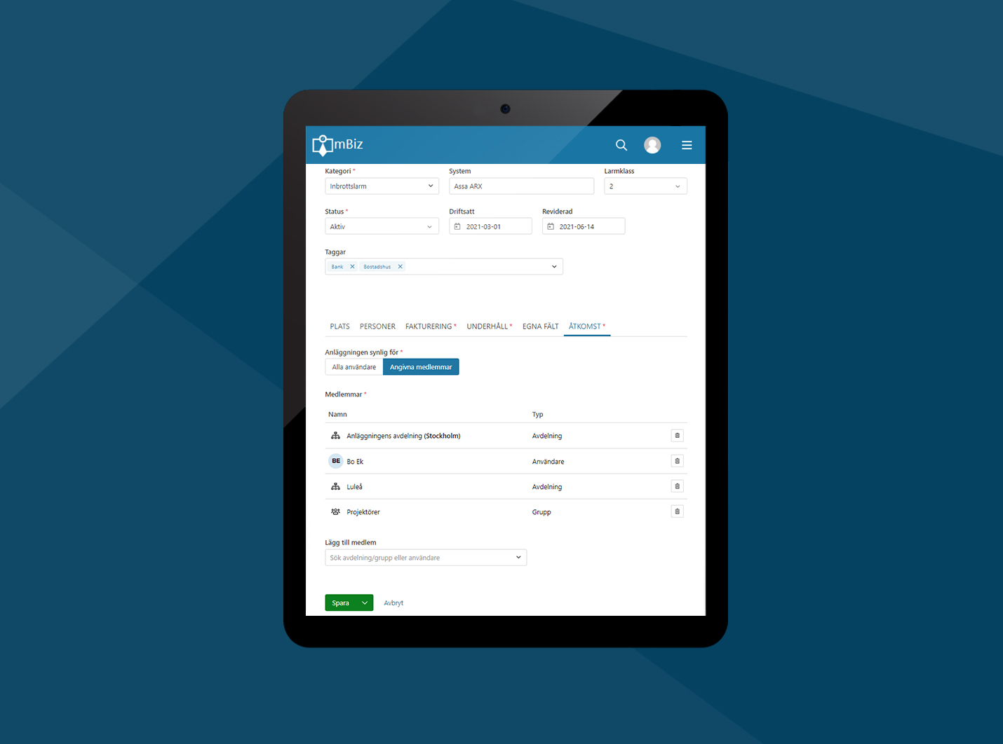 Åtkomst på anläggnings- och projektnivå